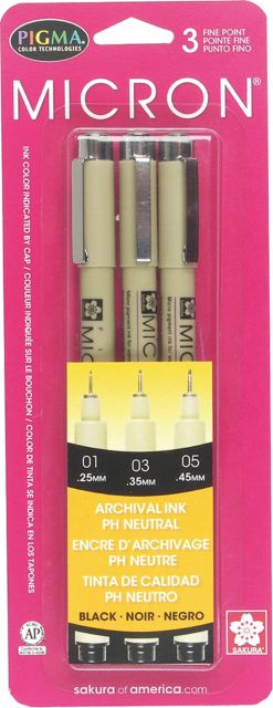 Sakura Pigma Micron Pens – 3 Count  Archival Ink  Fine Point (.25  .35  .45mm)
